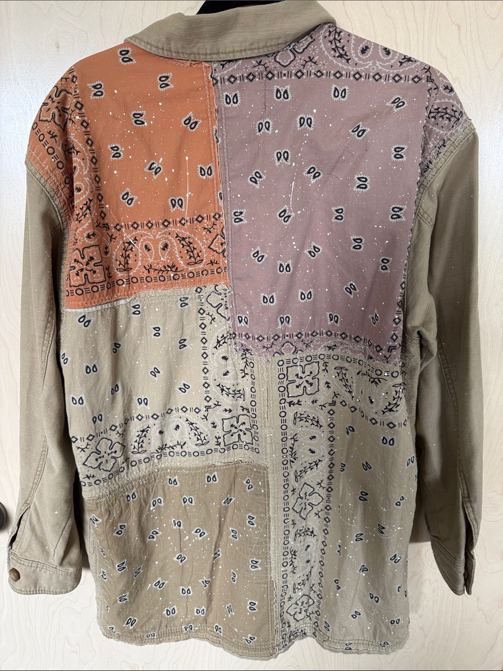 We The Free Khaki Utility Jacket with Bandana Patchwork.